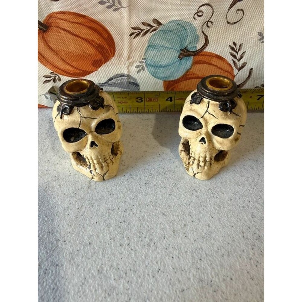 Skull Candle Holders Beige Black Taper Candle Holder Pair